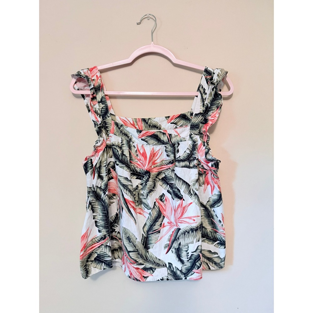 LOFT Womens Tropical Floral Ruffle Strap Linen Blend Tank Top White Pink Small